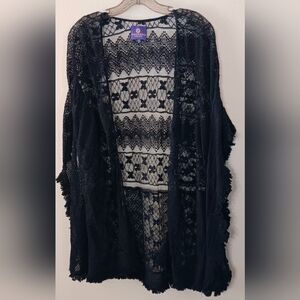 Crochet Kimono Cover-Up Short Sleeve Fringe Black XL